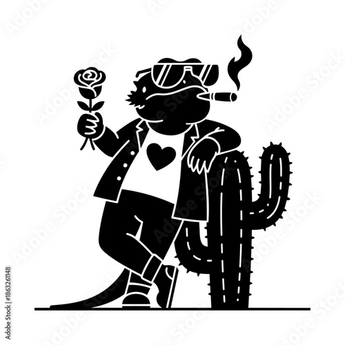 Cool Bearded Dragon Silhouette Leaning on Cactus with Rose and Sunglass. Bearded Dragon Bad Boy Character Silhouette Vector Illustration.