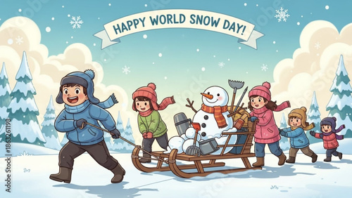 Children pulling a sled with a snowman on a snowy day with a banner saying happy world snow day