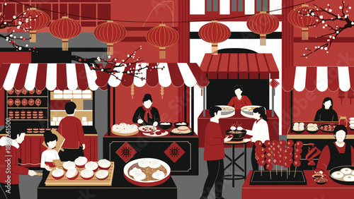 Chinese New Year Market Scene on a Dark Background with People and a Rich Display of Traditional Festival Foods.