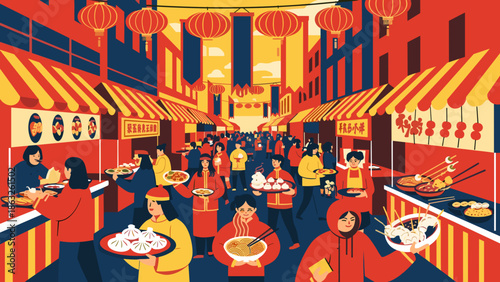 Colorful Chinese Lunar New Year Street Market with People Enjoying Food and Festive Lanterns