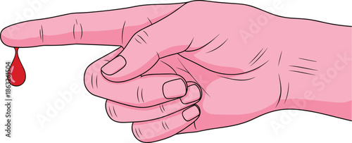 Finger bleeding with blood drop illustration symbolizing injury, wound, first aid, pain, healthcare, medical emergency, accident, and safety awareness