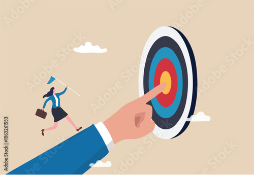Goal oriented, setting goal and focus on target and aim to achieve success, work toward mission target, motivation and anticipation to win concept, businesswoman run on hand pointing toward target.