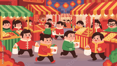Joyful Children Celebrating Chinese Lunar New Year, Running Through a Festive Market with Treats