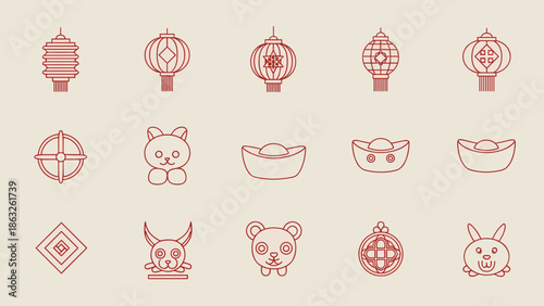 Chinese New Year Traditional Lanterns, Gold Ingots, and Rabbit Symbols Vector Icon Set