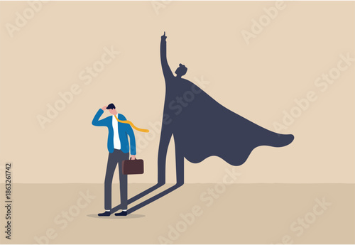 Self confidence or leadership to bring full potential and strength, motivation to achieve business success concept, self doubt businessman standing with his skillful power superhero shadow on the wall