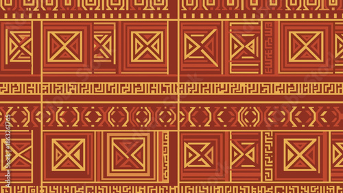 Detailed reddish-brown and gold geometric ethnic pattern, traditional oriental design for cultural backdrops and decorative textile textures.