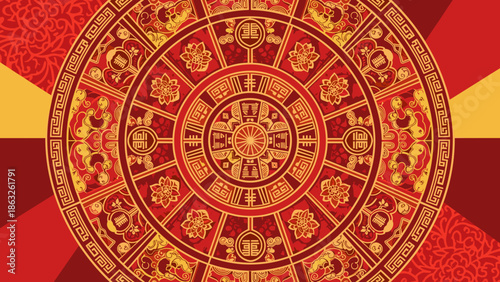 Majestic red and gold intricate round mandala pattern featuring traditional Chinese symbols, auspicious design for Lunar New Year celebration.