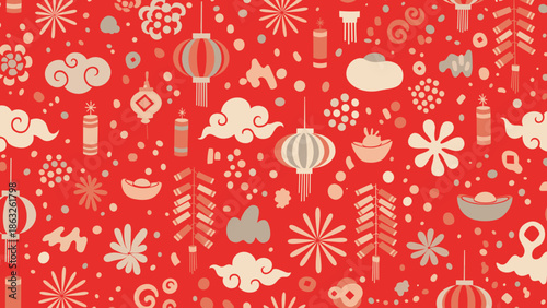 Festive red seamless pattern with a rich assortment of gold, beige, and light red Chinese New Year elements: lanterns, firecrackers, and clouds.