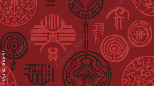 Rich dark red background with intricate traditional Chinese symbols and patterns, ideal for Lunar New Year cultural designs and ethnic decor.