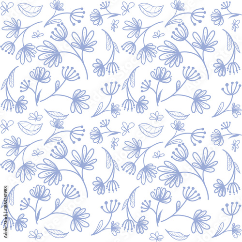 Seamless Blue Floral Line Art Pattern