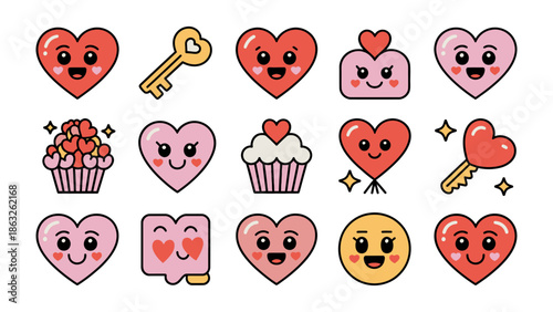 Love's Embrace: a delightful collage of hearts expressing emotions and joy, featuring charming design elements and whimsical characters for expression in various context.