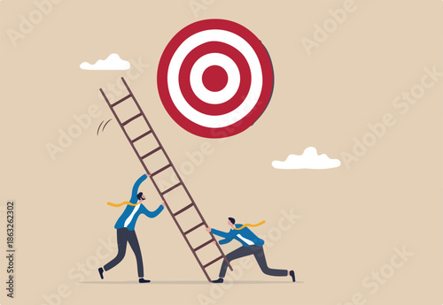 Develop ladder to success, set business goal, target, purpose and objective, partnership and teamwork to opportunity concept, business people team help set up ladder of success to reach target
