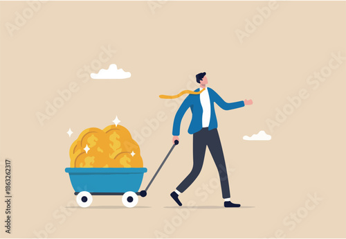 Success investor, rich man making money from business or investment, income and revenue, budget, saving or profit concept, rich and successful businessman with load of money golden coin in cart.