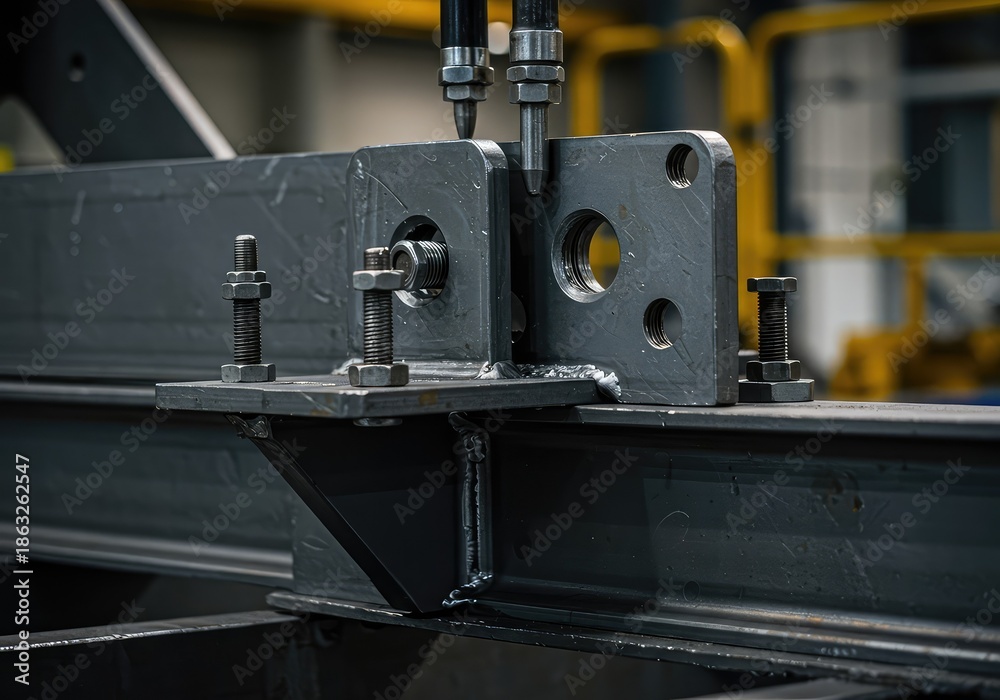 Fototapeta premium Close-up view of heavy metallic structural components being attached using industrial fasteners and specialized tools in a fabrication setting ,component ,parts ,wrench