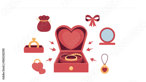 Jewelry Collection of Romance: A captivating visual ensemble of jewelry, including an engagement ring, necklace, and bracelet, presented within a heart-shaped box, a small pouch, a bow, a mirror.