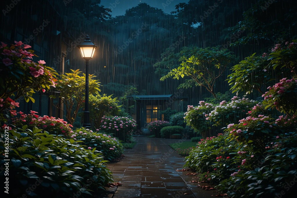 Fototapeta premium Rain in night, beautiful rainy night