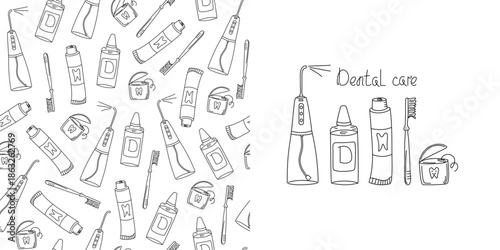 Seamless pattern, dental care. Oral cleaning tools set. Dental care accessories. Water flosser, toothpaste, toothbrush, tooth protection. Hygiene and health concepts. Repeating background, wallpaper.