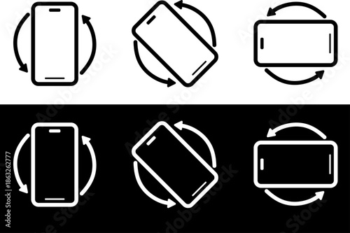 Mobile rotation icons for screen orientation and app design, phone tilt symbols with arrows for vertical and horizontal viewing, user interface elements for device settings, in vector format