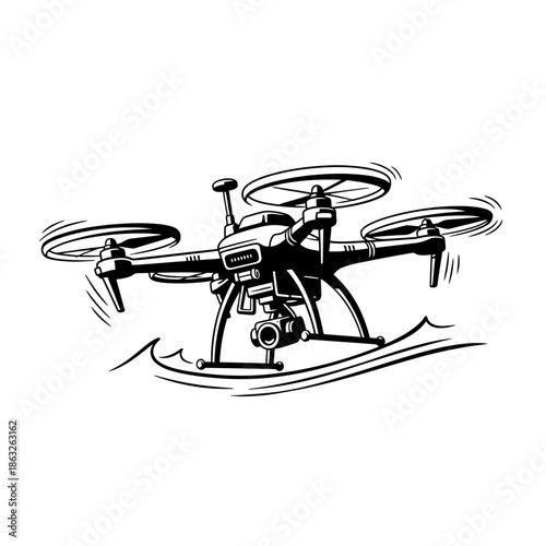 Drone flying with camera equipment attached.