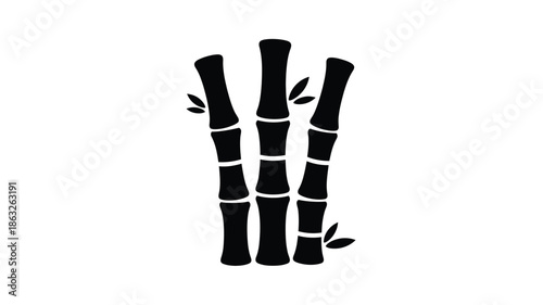 Simple black and white illustration portraying a cluster of bamboo stalks with leaves