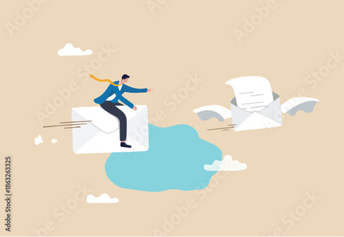 Follow up email sending message to confirm important project, ensure progress or tracking project status, communicate plan concept, businessman riding flying follow up email envelope.