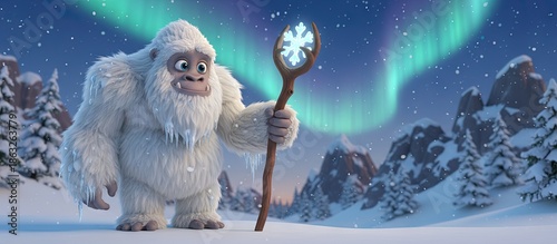 yeti abominable snowman modern 3D animation and cartoon screenshot still in natural habitat - animated wildlife