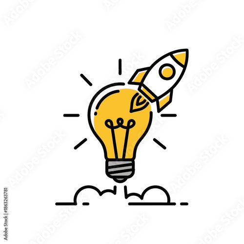 Rocket Ship Emerging from Lightbulb Idea.