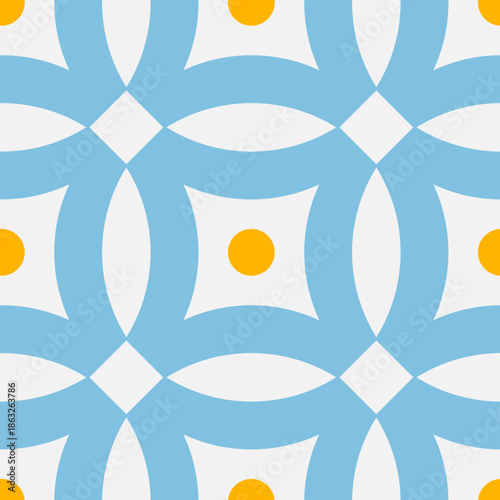 Geometric Pattern with Blue Arcs and Yellow Circles