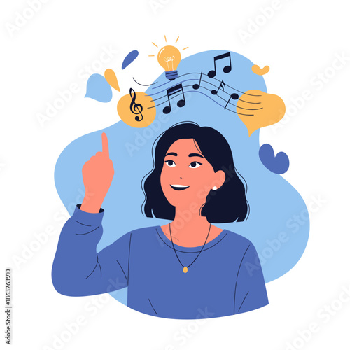 Woman pointing up with musical notes.