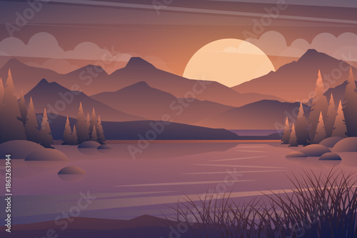 Evening Landscape with Mountains and Lake
Sunset Mountain Lake Landscape Flat Illustration
Sunset Nature Scene of Mountain Lake
Flat Vector Illustration of Sunset Mountain Landscape