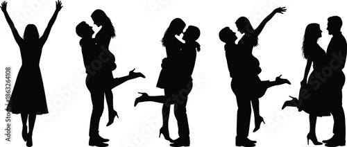Romantic couple silhouette collection showing love, happiness, affection, hugging, kissing, celebration, relationships, emotional connection, and joyful moments together