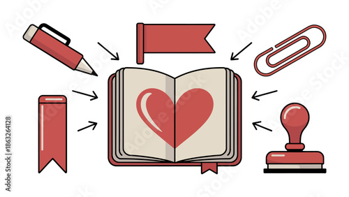 The Book of Love: An illustration shows an open book as the heart of concept. Surrounded by pen, bookmarks, paperclip, rubber stamp, and flag.