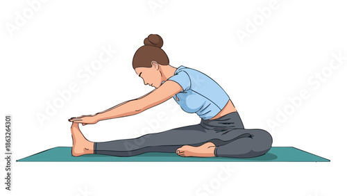 Woman stretching hamstrings on mat in comfortable yoga pose  