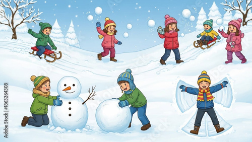 Children playing in snow making snowman and snowball fight in winter landscape with trees
