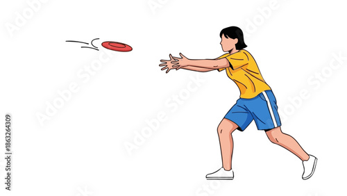 Young man reaching to catch frisbee while playing outdoors, concept of Sport  