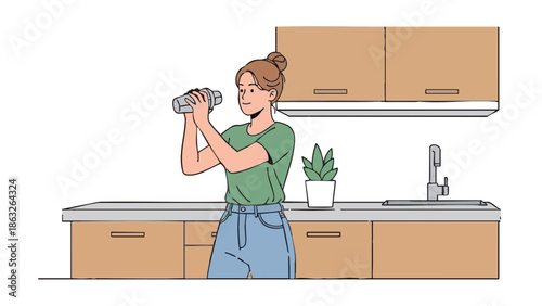 Young woman shaking a drink in modern kitchen with plants  