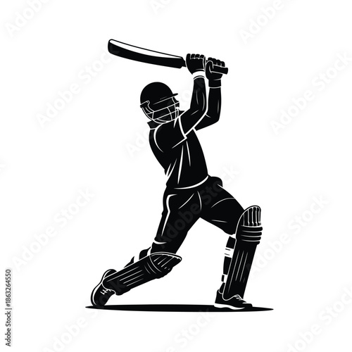 Silhouette of a cricket batsman in action preparing to hit the ball