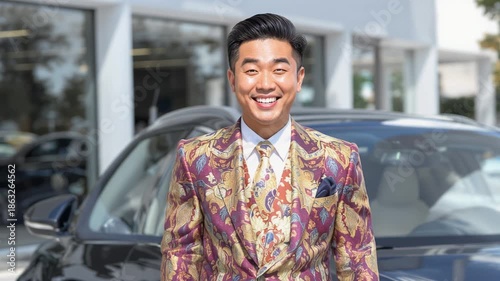 Flamboyant car salesperson standing on car lot - retail location for automotive sales
