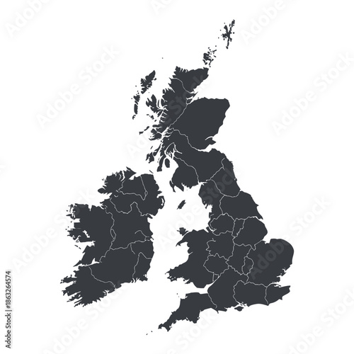 A detailed monochrome outline map showcasing the geographical shapes of the united kingdom and ireland