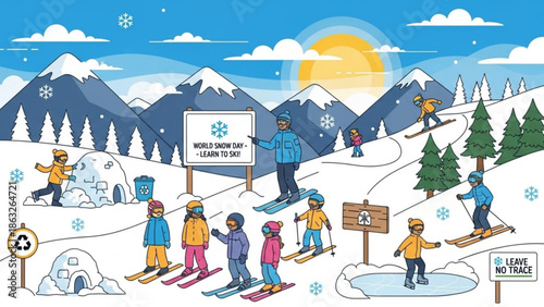 People skiing on snowy mountain slope with signs promoting world snow day and leave no trace