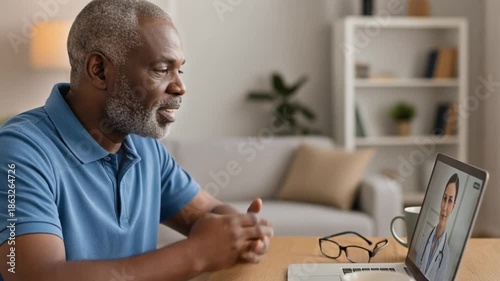 Older patient is at home talking to doctor on video call - telemedicine and telehealth concept with remote call to hospital 