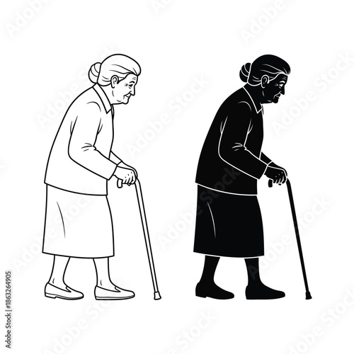 Two elderly women one light and one dark are depicted walking with the aid of canes