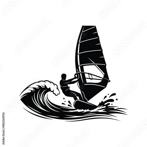 A striking black and white illustration of a windsurfer riding a wave showcasing dynamic motion and skill