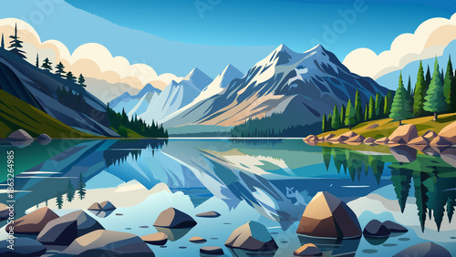 A serene alpine lake surrounded by snow-capped mountains, with a clear reflection of the landscape on the calm water surface. The foreground features smooth rocks and pebbles in the shallow wate.