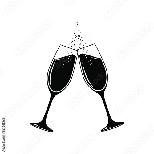 A minimalist black and white illustration depicting two wine glasses clinking in a celebratory toast