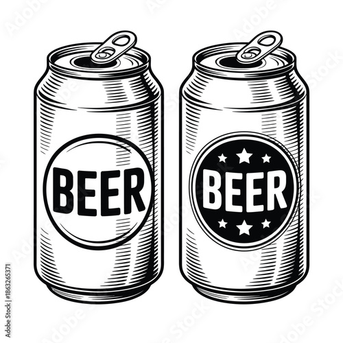 Two vintage beer cans detailed etching style illustration refreshment beverage