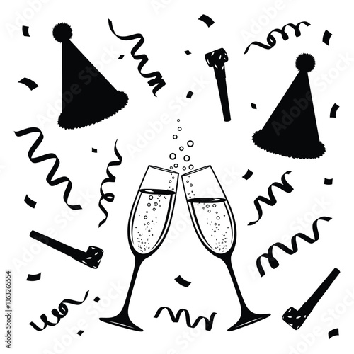 A festive black and white illustration depicts party hats champagne glasses and confetti celebrating a special occasion