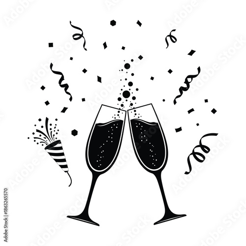 A celebratory illustration featuring two glasses of wine toasting surrounded by confetti and festive decorations