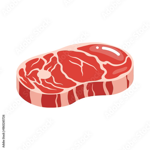 A vibrant illustration of a raw steak with visible marbling and a slightly pinkish border is shown
