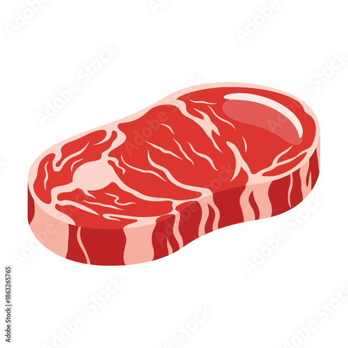 A vibrant cartoon illustration depicts a raw steak with realistic marbling and a bold red hue